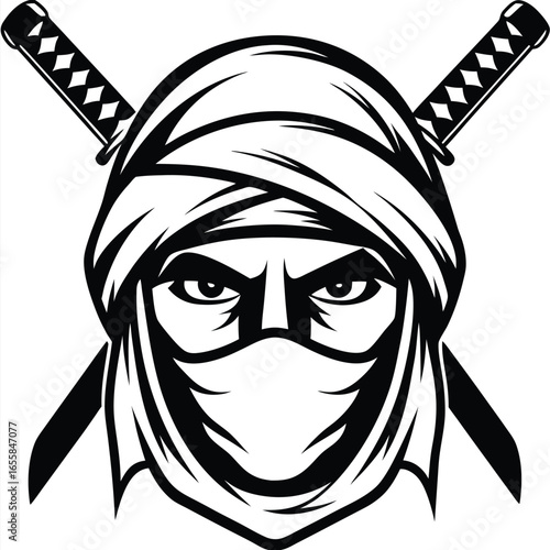 Stern ninja warrior stares out with crossed swords in black and white vector