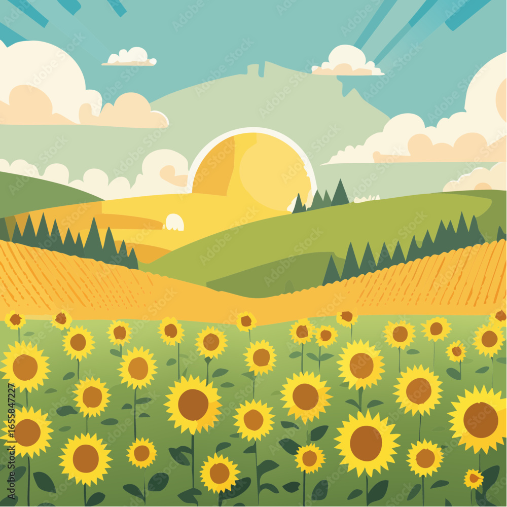 Obraz premium Late summer country landscape with sunflower meadow and sunbeam