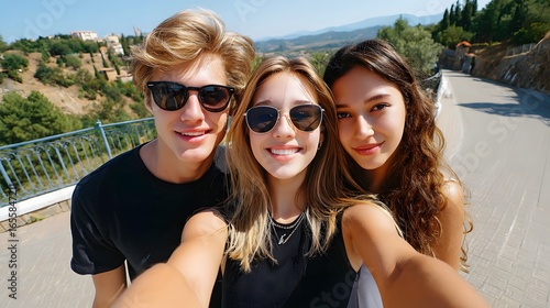 Group of Friends Taking a Smiling Selfie Outdoors with Scenic View in a Sunny Summer Environment