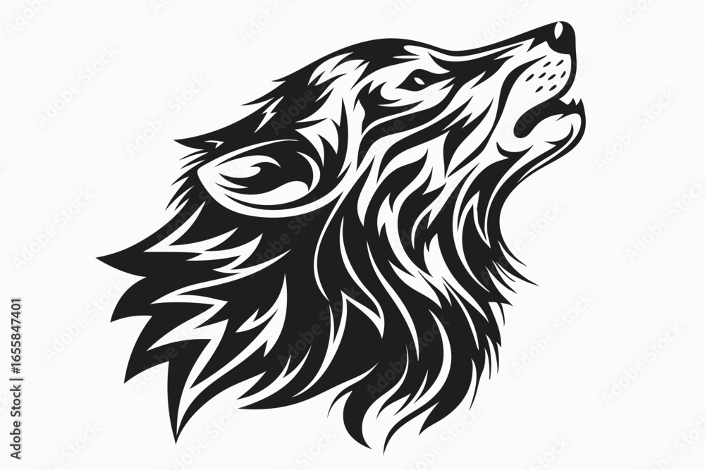 Fototapeta premium Striking tribal wolf head, depicted in howling silhouette against a stark white background creates impact