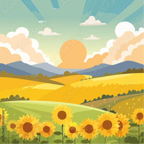 Late summer country landscape with sunflower meadow and sunbeam