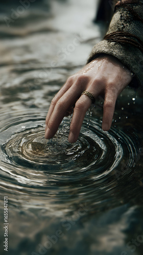 A hand with rings touching water creating ripples in a dark and moody outdoor setting with sleeve