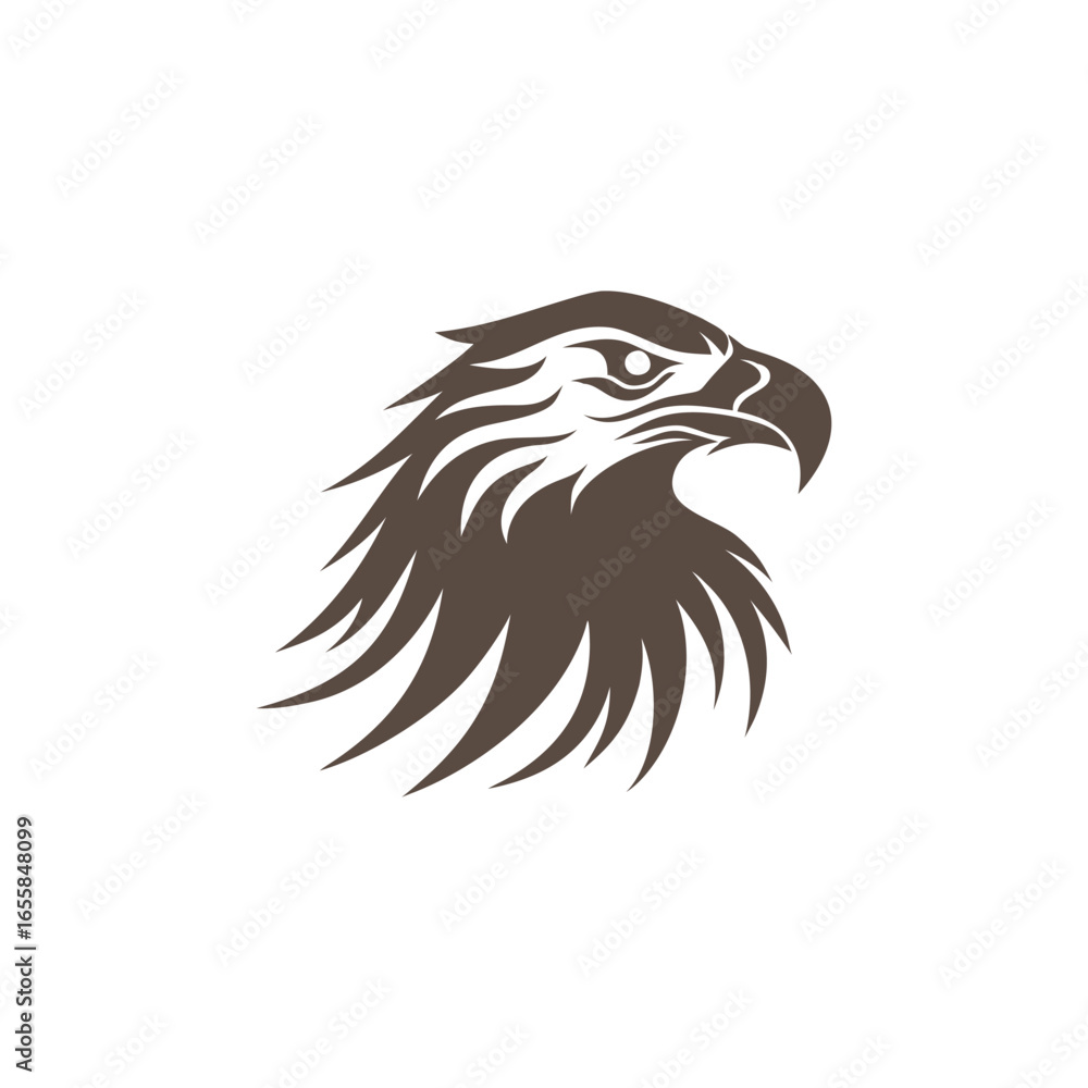 Obraz premium Stylized brown eagle head profile logo with sharp feathers on white background
