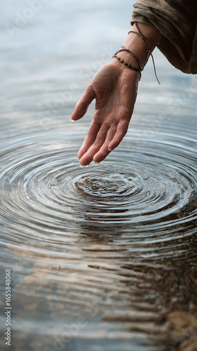A hand touching water creating ripples with a bracelet on the wrist and a brown cloth sleeve