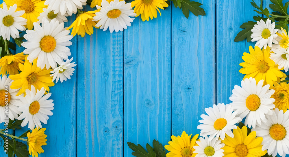 Fototapeta premium On a blue wooden background with yellow and white daisies along the edge