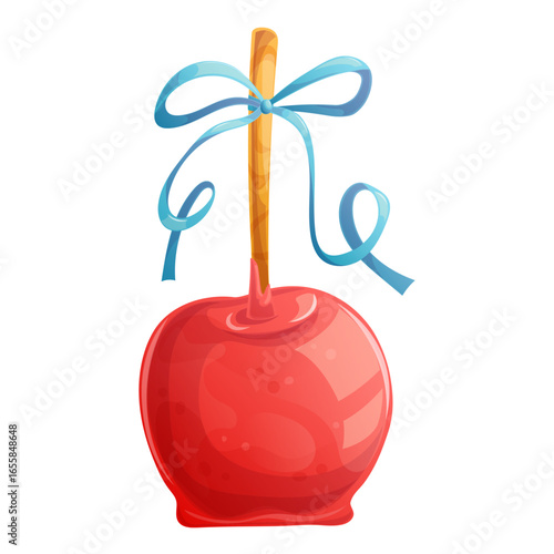 Delicious red apple in caramel on Halloween on a white background, candied fruit. The concept of autumn, sweets. Isolated vector illustration for the design of postcards, textiles, banners and posters
