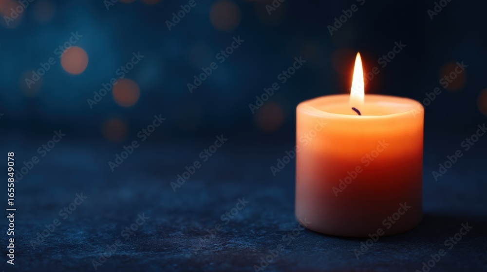 Festival of lights, A softly glowing candle illuminates a dark blue background, creating a warm and serene atmosphere with a subtle bokeh effect. Festival of lights, A softly glowing candle illuminates a dark blue background, creating a warm and serene atmosphere with a subtle bokeh effect.