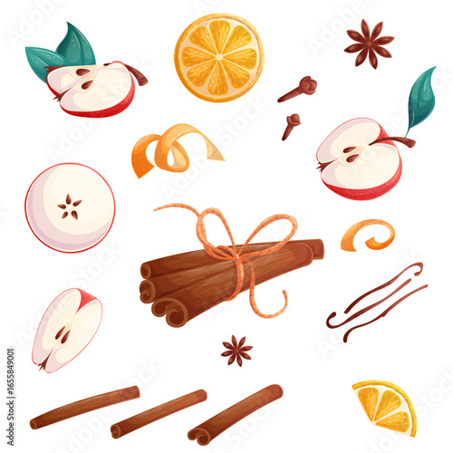 A set of elements of winter spices. Anise, cloves, cinnamon, orange slice, apple slice, zest, vanilla. Isolated vector illustration format for a poster, banner, advertisement