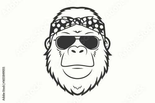 Monochrome gorilla face wears sunglasses and a polka dot bandana around its head