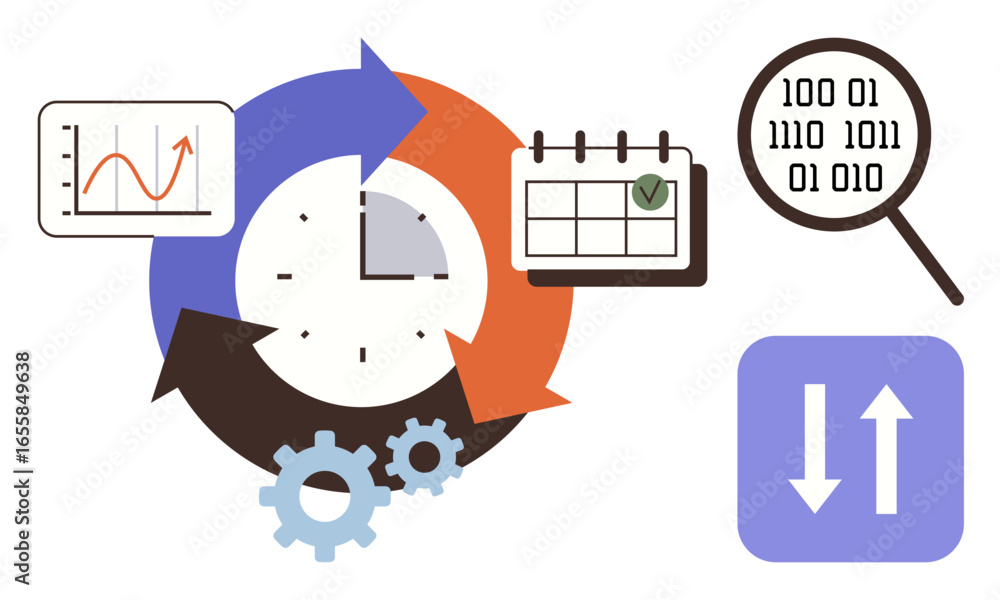 Obraz premium Clock surrounded by circular arrows with gear, line chart, calendar, magnifying glass with binary, and up-down icon. Ideal for workflow, time management, planning, data analysis scheduling