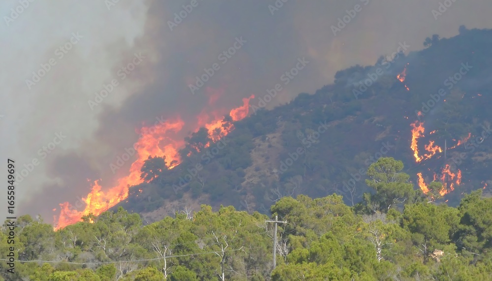 Fototapeta premium A wildfire burns fiercely up a hillside, sending plumes of smoke into the hazy sky.