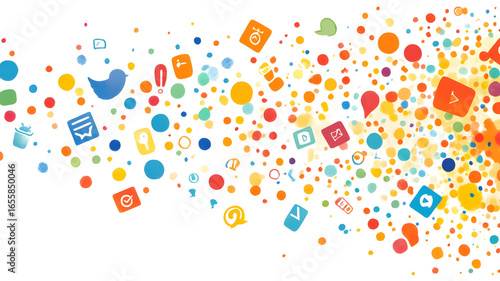 Digital communication explosion social media icons in abstract colorful design