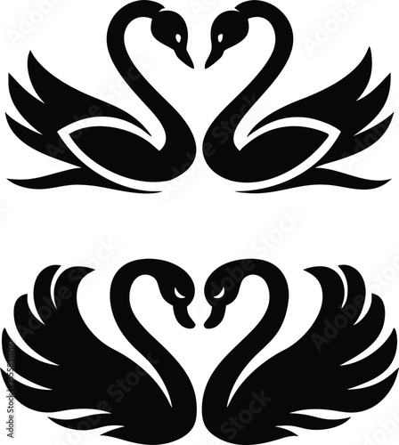 Two pairs of black swans forming heart shapes silhouette