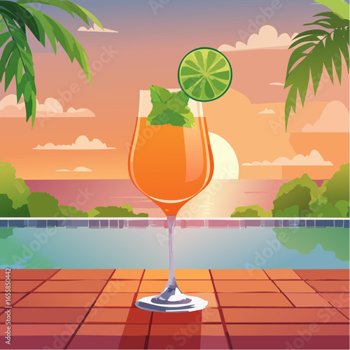 Hugo Spritz cocktail with mint and lime by the poolside at sunset (