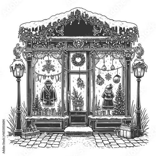 shop decorated for Christmas, featuring wreaths, reindeer figures, garlands, and wrapped gifts outside sketch engraving generative ai vector illustration. Scratch board. Black and white image.