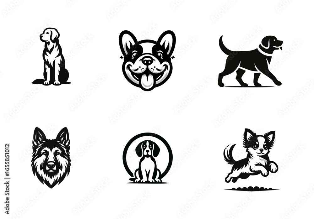 Obraz premium Set of Six Dog Breed Black and White Vector Logos