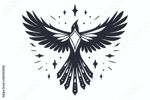 Stylized bird icon with geometric wings soars amidst shining star bursts gracefully