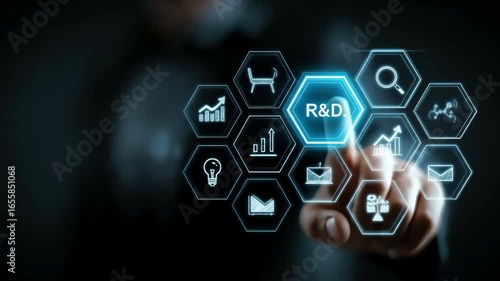 A research and development concept with futuristic hexagon interface, businessperson hand touching digital r&d icon, innovation, technology, progress, and science modern business environment