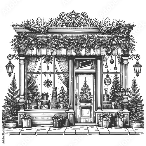 shop decorated for Christmas, featuring wreaths, reindeer figures, garlands, and wrapped gifts outside sketch engraving generative ai vector illustration. Scratch board. Black and white image.