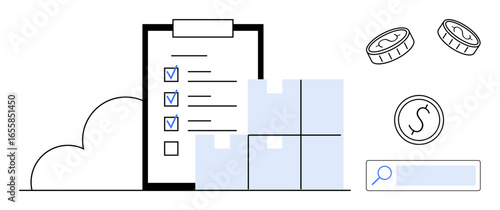 Clipboard with checklist, stacked boxes, coins, magnifying glass, and cloud symbolizing logistics, inventory tracking, shipping, e-commerce, business operations cost management simple landing page