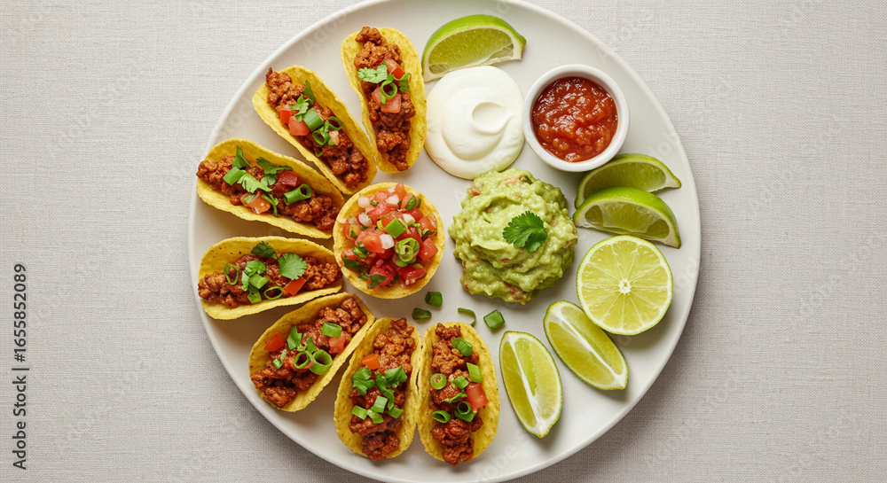 custom made wallpaper toronto digitalA vibrant plate of mini tacos arranged artfully with guacamole, salsa, sour cream, and lime wedges.