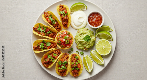 Wallpaper Mural A vibrant plate of mini tacos arranged artfully with guacamole, salsa, sour cream, and lime wedges. Torontodigital.ca