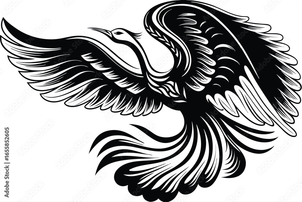 Fototapeta premium Majestic black phoenix spreads stylized wings, embodying rebirth and resilience in detailed design