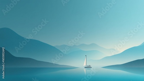 Solitary sailboat crossing a glassy teal lake amid layered misty hills — minimalist serene landscape