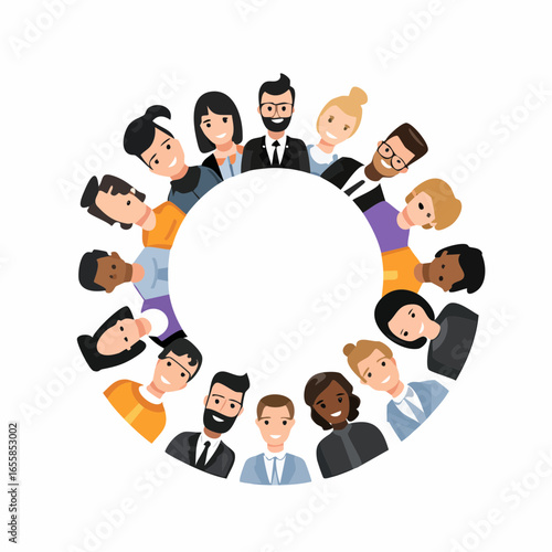 Circle of Unity: A circle of diverse people encircles a central space, heads tilted to the side as if peering at an unseen wonder. A symbol of unity and community.