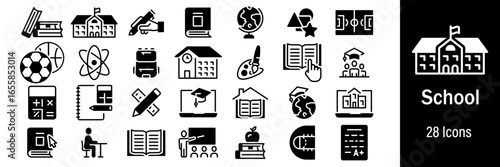 Pack of 28 school and education icons: building, books, pencil, ruler, calculator, atom, microscope, palette, sports ball and more. Perfect for apps, infographics and presentations