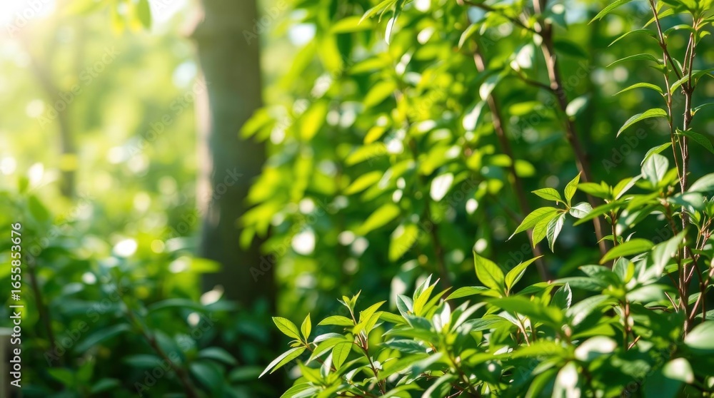Obraz premium Lush greenery fills the frame highlighting slender branches with bright green leaves in a natural outdoor setting