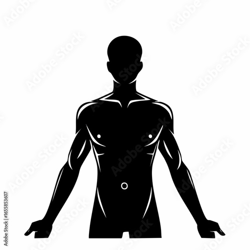 Body silhouette: A striking black silhouette of the human form, emphasizing the contours of a well-defined physique in graphic style.