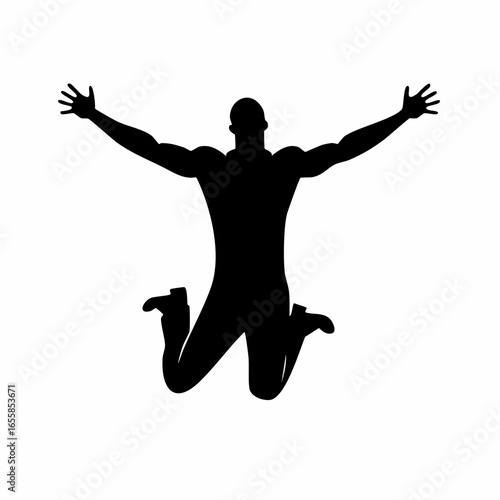 Soaring to New Heights: A bold silhouette of a man embodies boundless energy, soaring with arms outstretched in a triumphant leap, expressing freedom and victory.