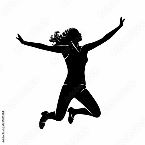Silhouette of Joy: A graceful silhouette of a woman leaps with arms outstretched, her form expressing pure freedom and unbounded elation. The image captures a sense of liberation and exhilaration.