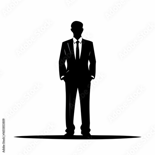 Silhouette of a Confident Professional: A refined businessman, cloaked in an exquisite suit, projects an aura of elegance and unwavering confidence.