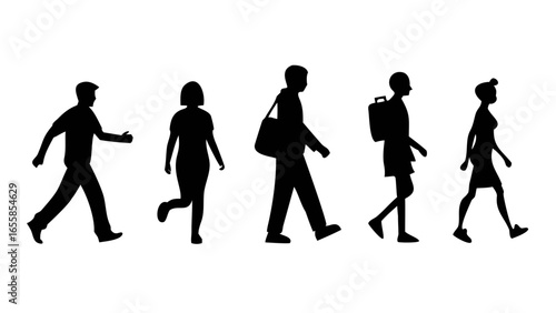 Silhouettes of Diverse Strollers: A series of monochromatic silhouettes depict individuals traversing, each bearing a unique posture.
