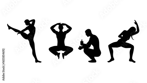 Artistic Poses Silhouette : A captivating silhouette composition presents a diverse group of individuals engaged in expressive poses, captured with a striking, artistic flair. The figures dance.