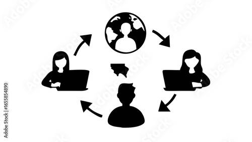 Global Collaboration: A stylized depiction of remote workers and central hub signifying international connectivity and cooperative endeavors, forming a cohesive network of communication and teamwork.