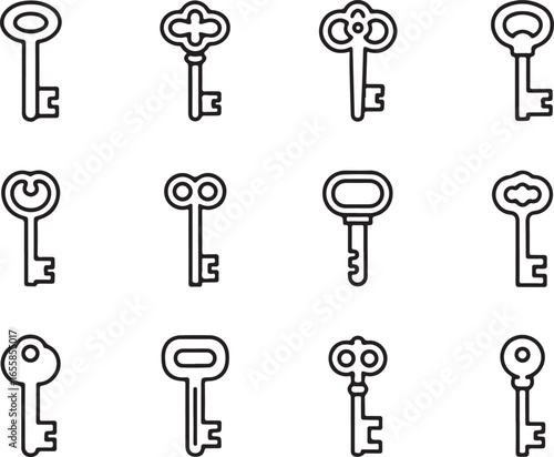 Collection of vintage and antique key outlines silhouette.