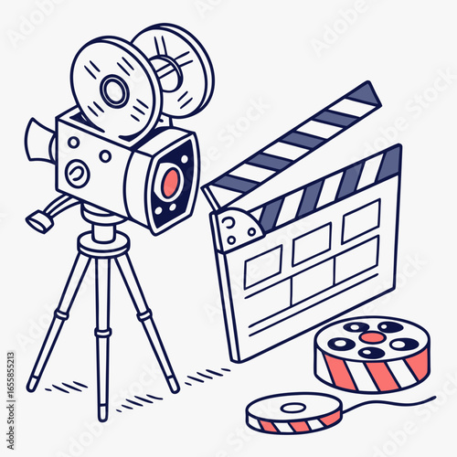 Illustration of a vintage film camera, clapperboard, and film reel on a plain backdrop showcasing movie production equipment