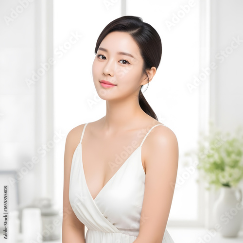 Stunning beauty portrait of a young Asian woman with perfect clean skin and a gentle smile. Korean skincare, cosmetics, and wellness concept in a minimalist studio. Free Download Stunning beauty portrait of a young Asian woman with perfect clean skin and a gentle smile. Korean skincare, cosmetics, and wellness concept in a minimalist studio. - GFXLoad