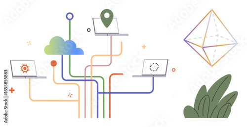 Laptops connected through cloud technology with colorful lines, data flow, geometric shape, and greenery. Ideal for collaboration, connectivity, innovation, technology, data sharing remote work