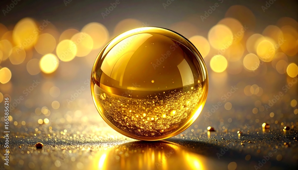 Obraz premium Golden Sphere on Glittering Surface with Bokeh Background