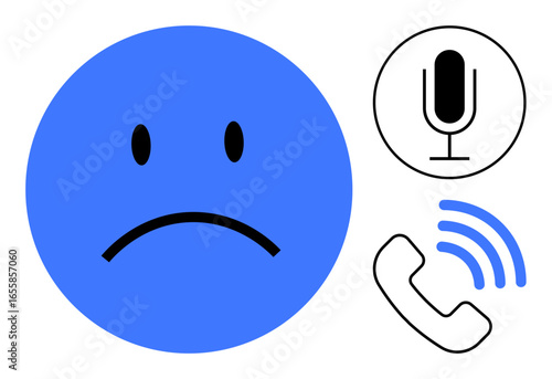Sad blue face to express emotion, microphone for voice recording, phone with sound waves for remote communication. Ideal for mental health, communication, technology, support, anxiety, emotion