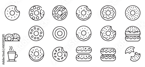 Set of 20 hand-drawn icons featuring donuts and coffee, ideal for food-themed designs.