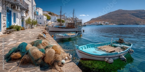 Serene Coastal Scene in Greece with Fishing Boats and Nets on a Sunny Day