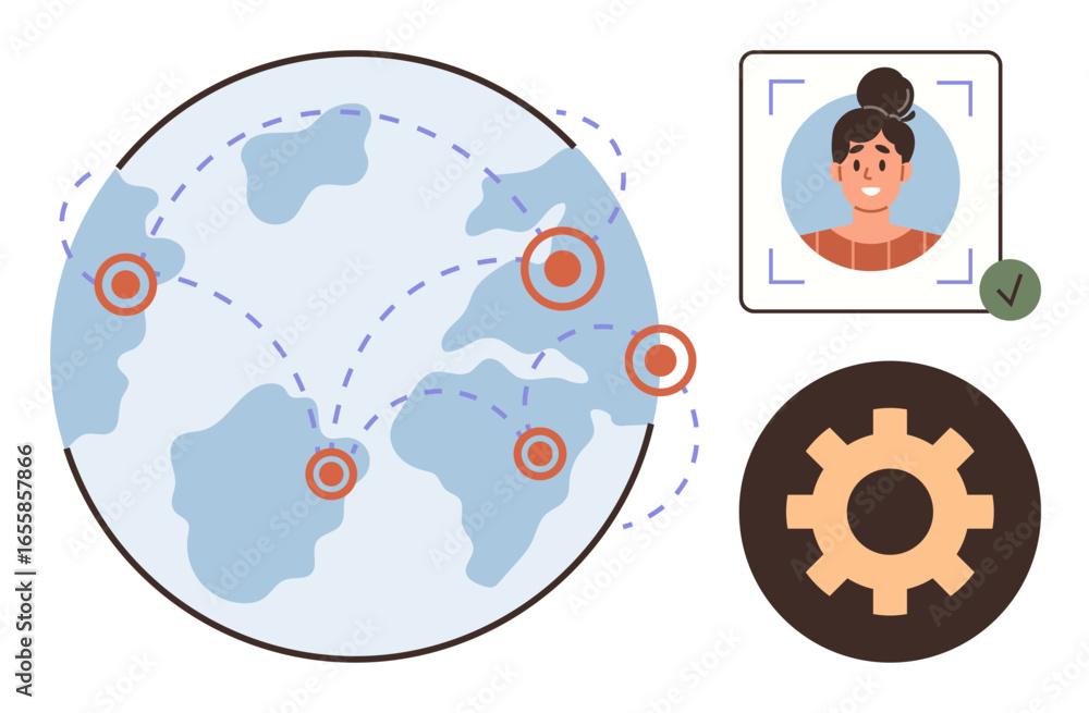 Obraz premium Globe with connection points, user profile photo with verification check, and settings gear. Ideal for technology, networking, social media, global reach, identity verification, configuration