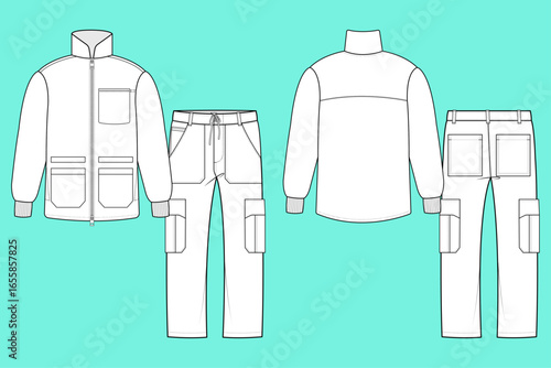 Unisex Medical Scrub Jacket With Trouser Pant Fashion Flat Sketch Template Outline CAD.