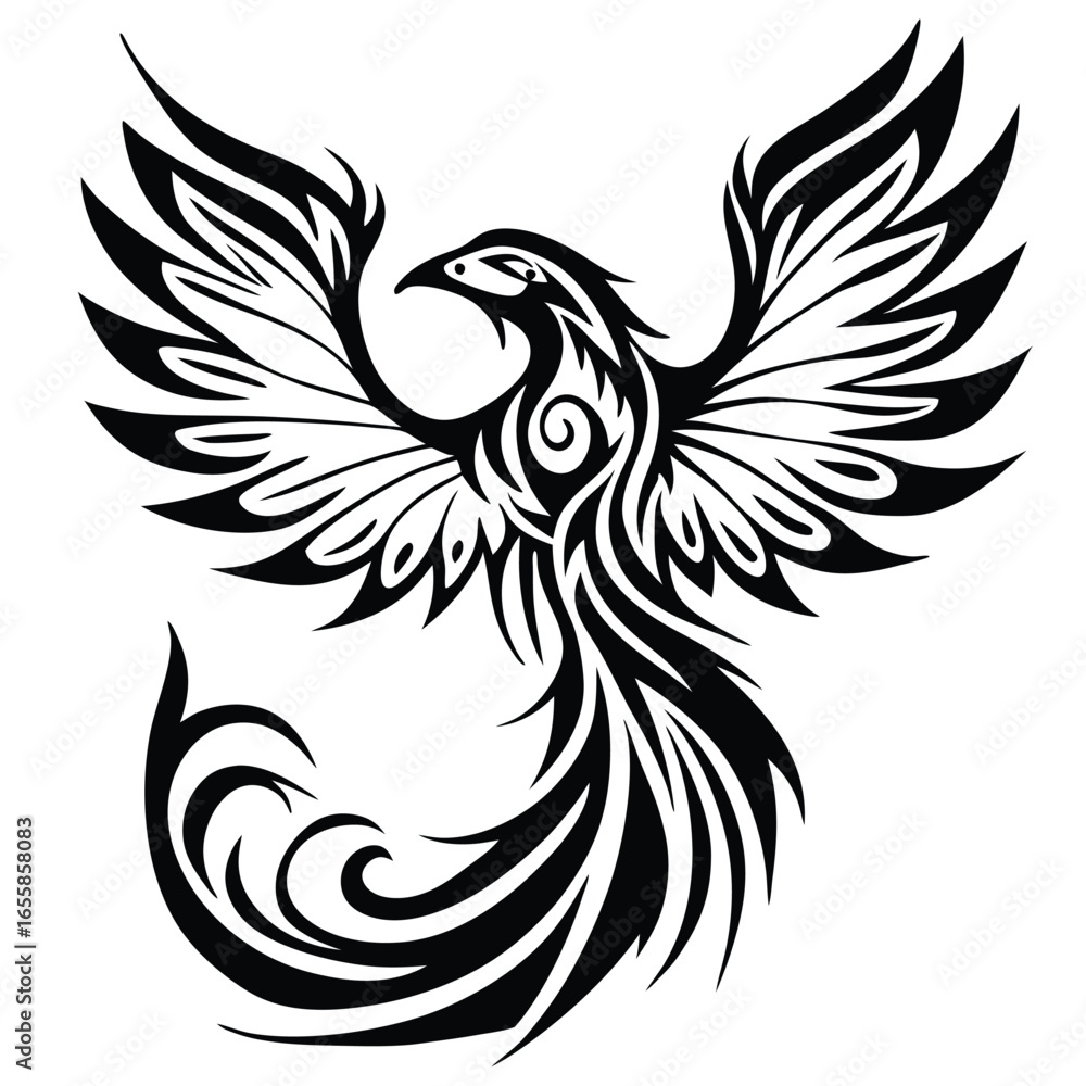 Obraz premium Phoenix spreads its ornate wings majestically in stylized black lines against a white background