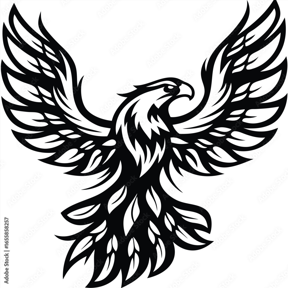 Obraz premium Stylized black eagle soars dynamically with outstretched wings and detailed feathers